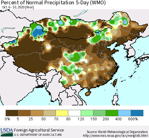 China, Mongolia and Taiwan Percent of Normal Precipitation 5-Day (WMO) Thematic Map For 10/6/2020 - 10/10/2020