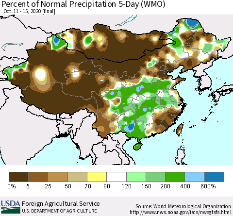 China, Mongolia and Taiwan Percent of Normal Precipitation 5-Day (WMO) Thematic Map For 10/11/2020 - 10/15/2020