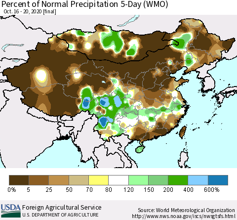 China, Mongolia and Taiwan Percent of Normal Precipitation 5-Day (WMO) Thematic Map For 10/16/2020 - 10/20/2020