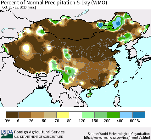 China, Mongolia and Taiwan Percent of Normal Precipitation 5-Day (WMO) Thematic Map For 10/21/2020 - 10/25/2020