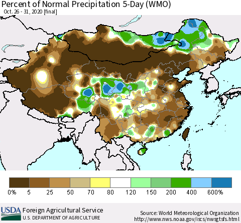 China, Mongolia and Taiwan Percent of Normal Precipitation 5-Day (WMO) Thematic Map For 10/26/2020 - 10/31/2020