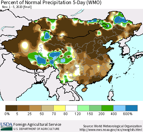 China, Mongolia and Taiwan Percent of Normal Precipitation 5-Day (WMO) Thematic Map For 11/1/2020 - 11/5/2020
