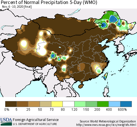 China, Mongolia and Taiwan Percent of Normal Precipitation 5-Day (WMO) Thematic Map For 11/6/2020 - 11/10/2020