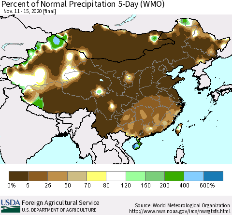 China, Mongolia and Taiwan Percent of Normal Precipitation 5-Day (WMO) Thematic Map For 11/11/2020 - 11/15/2020