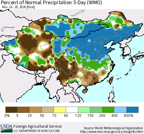 China, Mongolia and Taiwan Percent of Normal Precipitation 5-Day (WMO) Thematic Map For 11/16/2020 - 11/20/2020