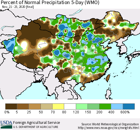 China, Mongolia and Taiwan Percent of Normal Precipitation 5-Day (WMO) Thematic Map For 11/21/2020 - 11/25/2020