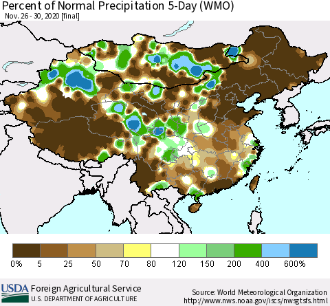 China, Mongolia and Taiwan Percent of Normal Precipitation 5-Day (WMO) Thematic Map For 11/26/2020 - 11/30/2020