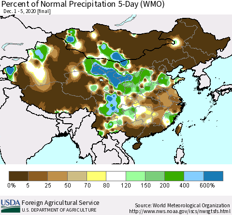 China, Mongolia and Taiwan Percent of Normal Precipitation 5-Day (WMO) Thematic Map For 12/1/2020 - 12/5/2020