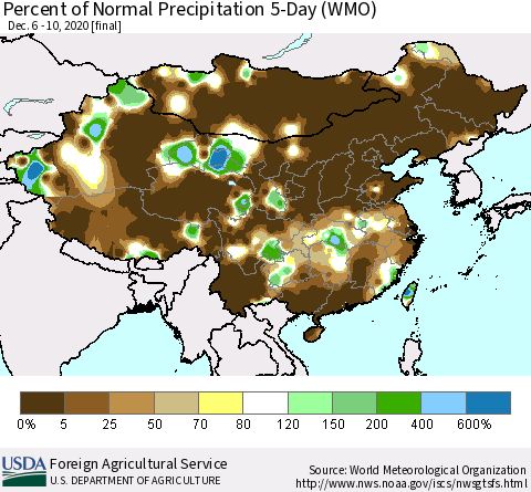 China, Mongolia and Taiwan Percent of Normal Precipitation 5-Day (WMO) Thematic Map For 12/6/2020 - 12/10/2020