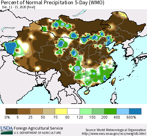 China, Mongolia and Taiwan Percent of Normal Precipitation 5-Day (WMO) Thematic Map For 12/11/2020 - 12/15/2020