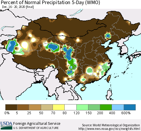 China, Mongolia and Taiwan Percent of Normal Precipitation 5-Day (WMO) Thematic Map For 12/16/2020 - 12/20/2020