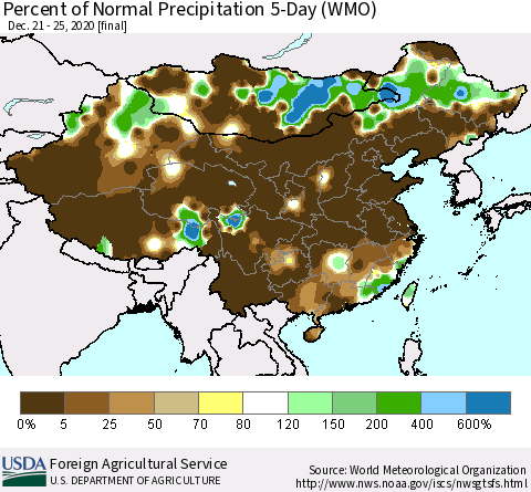 China, Mongolia and Taiwan Percent of Normal Precipitation 5-Day (WMO) Thematic Map For 12/21/2020 - 12/25/2020