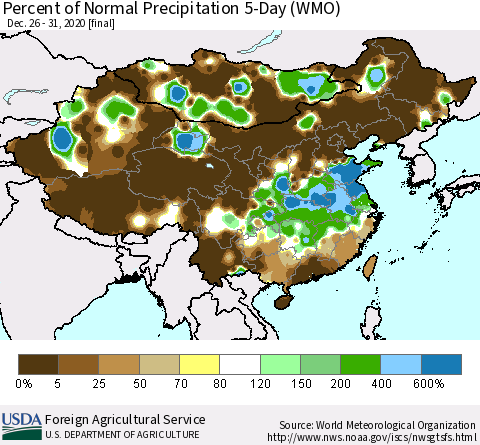 China, Mongolia and Taiwan Percent of Normal Precipitation 5-Day (WMO) Thematic Map For 12/26/2020 - 12/31/2020