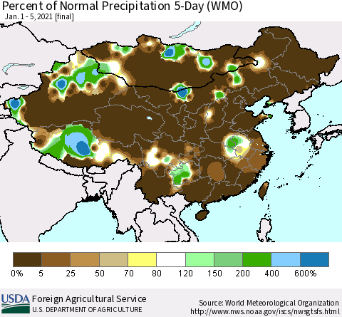 China, Mongolia and Taiwan Percent of Normal Precipitation 5-Day (WMO) Thematic Map For 1/1/2021 - 1/5/2021