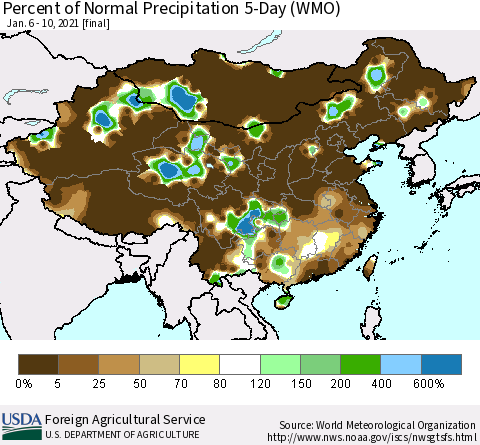 China, Mongolia and Taiwan Percent of Normal Precipitation 5-Day (WMO) Thematic Map For 1/6/2021 - 1/10/2021