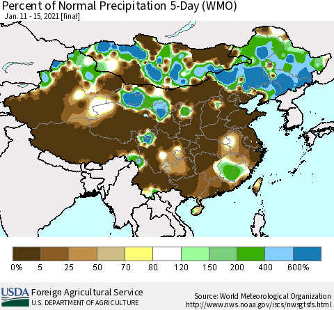 China, Mongolia and Taiwan Percent of Normal Precipitation 5-Day (WMO) Thematic Map For 1/11/2021 - 1/15/2021