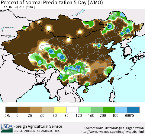 China, Mongolia and Taiwan Percent of Normal Precipitation 5-Day (WMO) Thematic Map For 1/16/2021 - 1/20/2021
