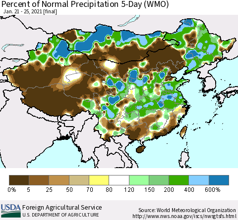 China, Mongolia and Taiwan Percent of Normal Precipitation 5-Day (WMO) Thematic Map For 1/21/2021 - 1/25/2021