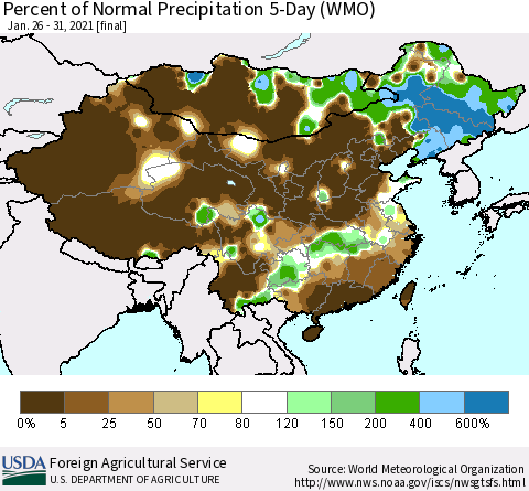 China, Mongolia and Taiwan Percent of Normal Precipitation 5-Day (WMO) Thematic Map For 1/26/2021 - 1/31/2021