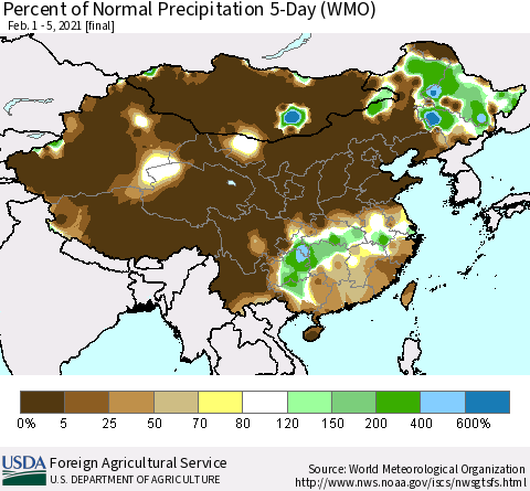 China, Mongolia and Taiwan Percent of Normal Precipitation 5-Day (WMO) Thematic Map For 2/1/2021 - 2/5/2021