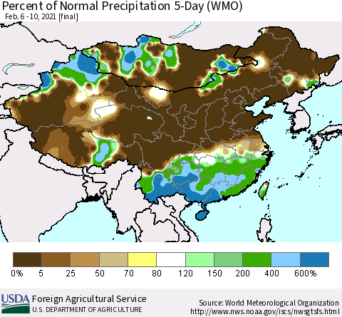 China, Mongolia and Taiwan Percent of Normal Precipitation 5-Day (WMO) Thematic Map For 2/6/2021 - 2/10/2021