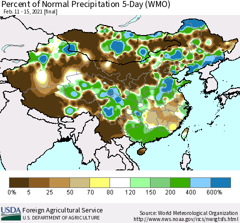 China, Mongolia and Taiwan Percent of Normal Precipitation 5-Day (WMO) Thematic Map For 2/11/2021 - 2/15/2021