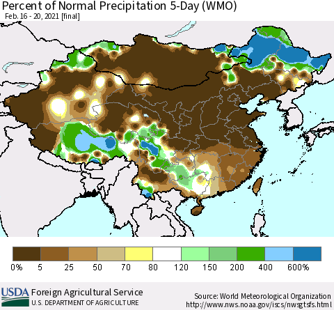 China, Mongolia and Taiwan Percent of Normal Precipitation 5-Day (WMO) Thematic Map For 2/16/2021 - 2/20/2021