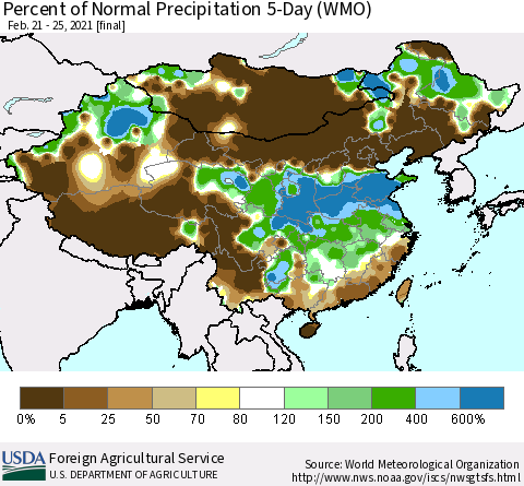 China, Mongolia and Taiwan Percent of Normal Precipitation 5-Day (WMO) Thematic Map For 2/21/2021 - 2/25/2021