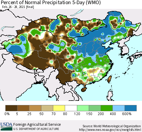 China, Mongolia and Taiwan Percent of Normal Precipitation 5-Day (WMO) Thematic Map For 2/26/2021 - 2/28/2021