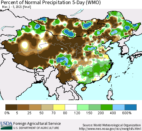 China, Mongolia and Taiwan Percent of Normal Precipitation 5-Day (WMO) Thematic Map For 3/1/2021 - 3/5/2021