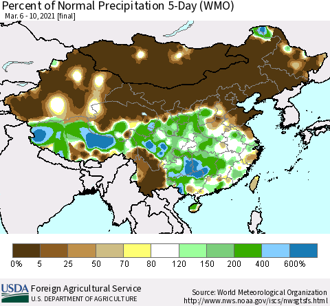 China, Mongolia and Taiwan Percent of Normal Precipitation 5-Day (WMO) Thematic Map For 3/6/2021 - 3/10/2021