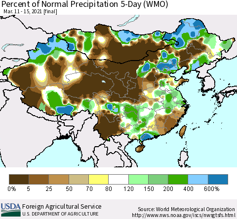 China, Mongolia and Taiwan Percent of Normal Precipitation 5-Day (WMO) Thematic Map For 3/11/2021 - 3/15/2021