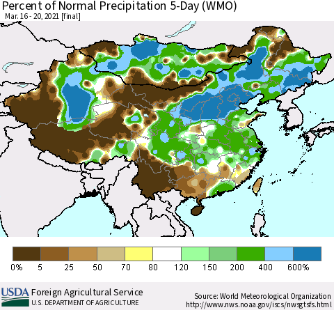 China, Mongolia and Taiwan Percent of Normal Precipitation 5-Day (WMO) Thematic Map For 3/16/2021 - 3/20/2021