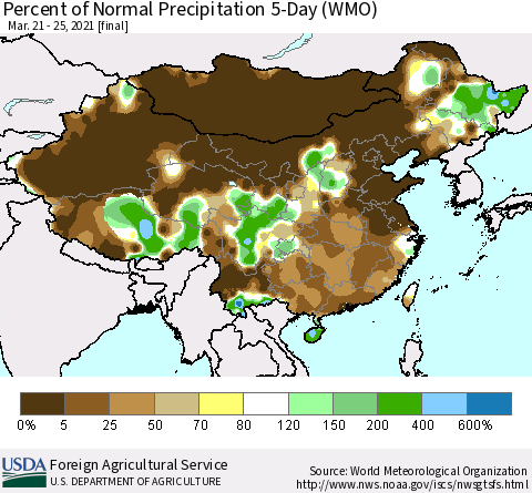 China, Mongolia and Taiwan Percent of Normal Precipitation 5-Day (WMO) Thematic Map For 3/21/2021 - 3/25/2021
