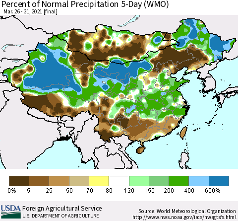 China, Mongolia and Taiwan Percent of Normal Precipitation 5-Day (WMO) Thematic Map For 3/26/2021 - 3/31/2021