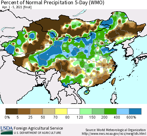 China, Mongolia and Taiwan Percent of Normal Precipitation 5-Day (WMO) Thematic Map For 4/1/2021 - 4/5/2021