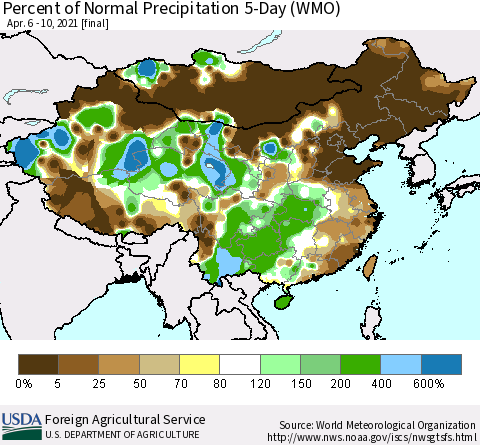 China, Mongolia and Taiwan Percent of Normal Precipitation 5-Day (WMO) Thematic Map For 4/6/2021 - 4/10/2021