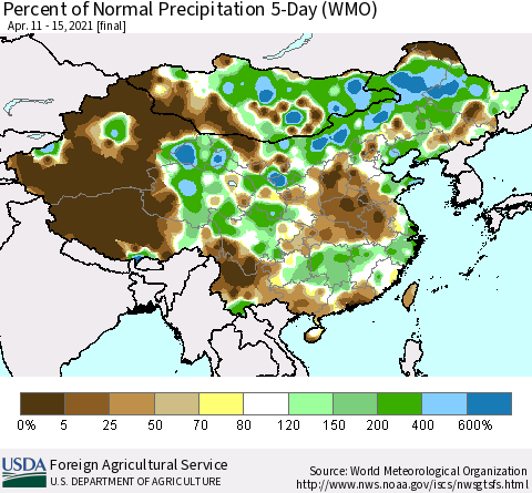 China, Mongolia and Taiwan Percent of Normal Precipitation 5-Day (WMO) Thematic Map For 4/11/2021 - 4/15/2021