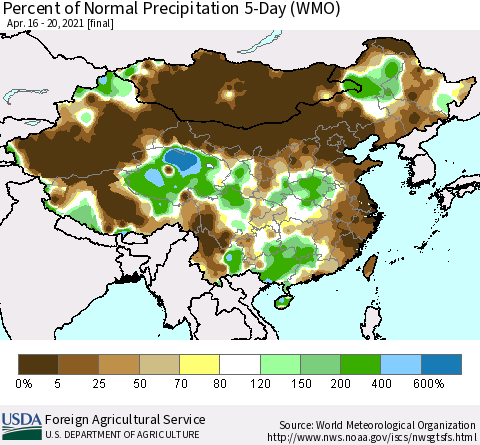 China, Mongolia and Taiwan Percent of Normal Precipitation 5-Day (WMO) Thematic Map For 4/16/2021 - 4/20/2021