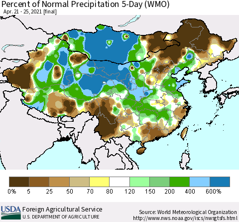 China, Mongolia and Taiwan Percent of Normal Precipitation 5-Day (WMO) Thematic Map For 4/21/2021 - 4/25/2021