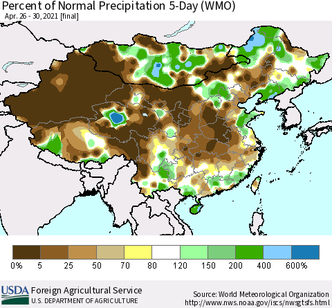 China, Mongolia and Taiwan Percent of Normal Precipitation 5-Day (WMO) Thematic Map For 4/26/2021 - 4/30/2021
