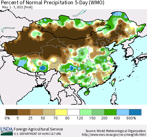 China, Mongolia and Taiwan Percent of Normal Precipitation 5-Day (WMO) Thematic Map For 5/1/2021 - 5/5/2021