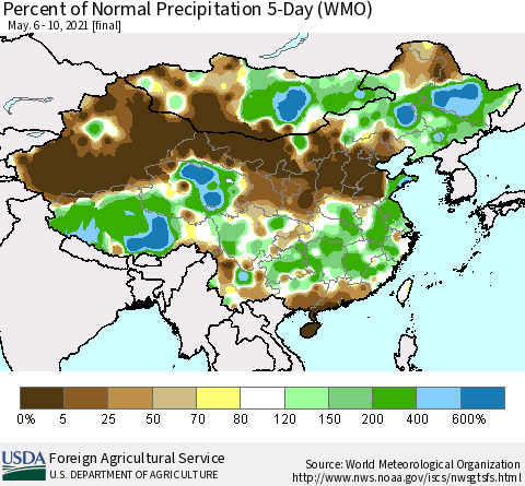 China, Mongolia and Taiwan Percent of Normal Precipitation 5-Day (WMO) Thematic Map For 5/6/2021 - 5/10/2021