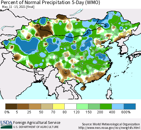 China, Mongolia and Taiwan Percent of Normal Precipitation 5-Day (WMO) Thematic Map For 5/11/2021 - 5/15/2021