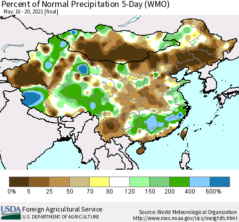 China, Mongolia and Taiwan Percent of Normal Precipitation 5-Day (WMO) Thematic Map For 5/16/2021 - 5/20/2021