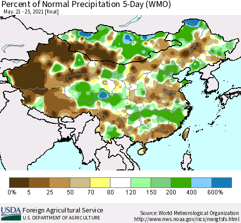 China, Mongolia and Taiwan Percent of Normal Precipitation 5-Day (WMO) Thematic Map For 5/21/2021 - 5/25/2021