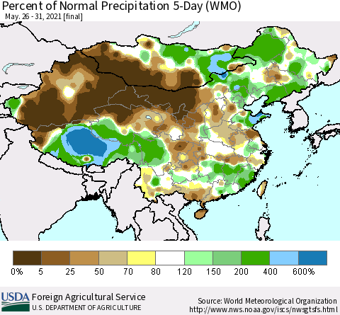 China, Mongolia and Taiwan Percent of Normal Precipitation 5-Day (WMO) Thematic Map For 5/26/2021 - 5/31/2021