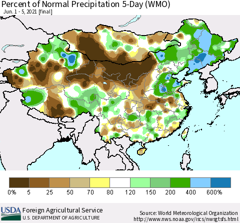 China, Mongolia and Taiwan Percent of Normal Precipitation 5-Day (WMO) Thematic Map For 6/1/2021 - 6/5/2021