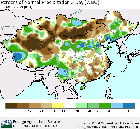 China, Mongolia and Taiwan Percent of Normal Precipitation 5-Day (WMO) Thematic Map For 6/6/2021 - 6/10/2021