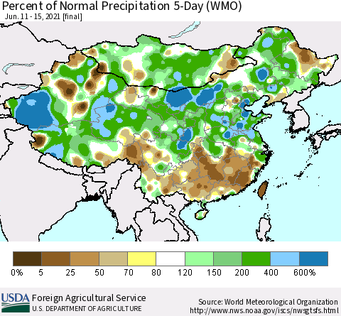 China, Mongolia and Taiwan Percent of Normal Precipitation 5-Day (WMO) Thematic Map For 6/11/2021 - 6/15/2021